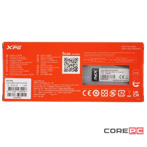 Оперативная память 16 Gb 3600 MHz ADATA XPG SPECTRIX D60G RGB Black (AX4U360016G18I-ST60)