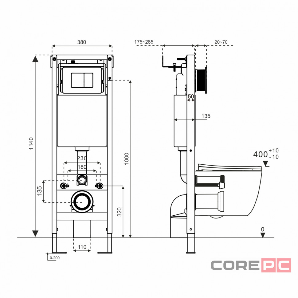Система инсталляции WAVE В-380/003М/W-380/003 M без кнопки, МЕХАНИКА, 380 мм