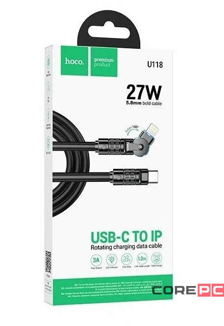 Usb Кабель-зарядка Type-C на Lighting Hoco U118 180 градусов 3A 27w 1.2м черный