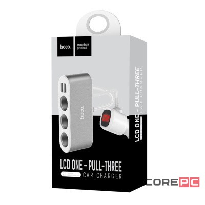 Разветвитель прикуривателя Hoco Z13 12/24В 3 гнезда/2USB + LCD серебристый