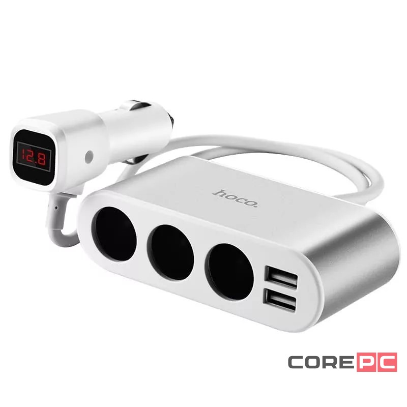 Разветвитель прикуривателя Hoco Z13 12/24В 3 гнезда/2USB + LCD серебристый