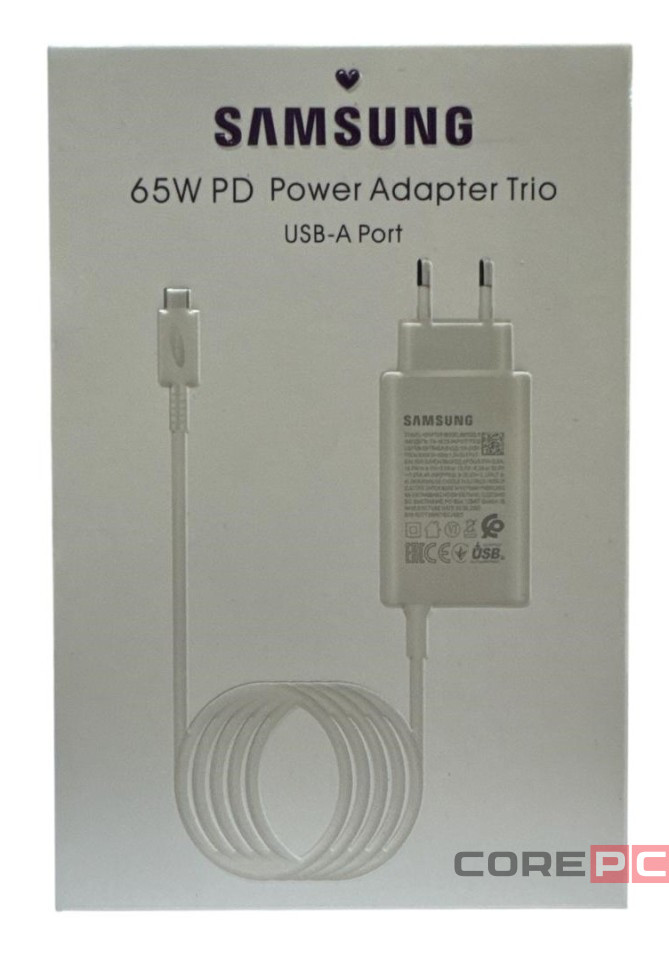 Сетевое зар. устр. для Samsung 65W 1USB с кабелем Type-C в упаковке белое (High copy)