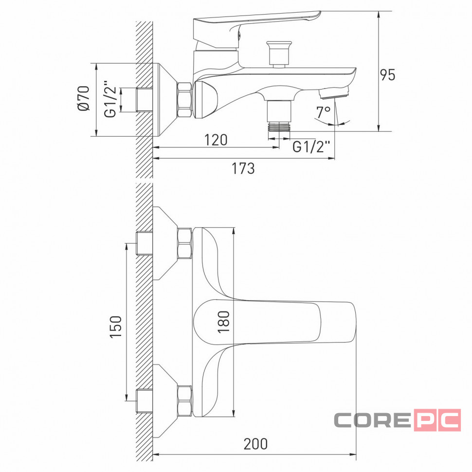 Смеситель для ванны MIXLINE МЛ29-01/ML29-01, рычажное управление, цвет хром