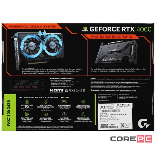 Видеокарта Gigabyte (GV-N4060WF2OC-8GD) GeForce RTX 4060 8GB WINDFORCE OC