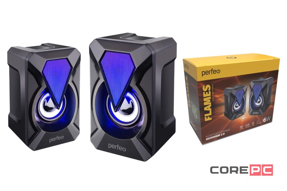 Акустическая система 2.0 Perfeo FLAMES мощность 2х3 Вт, USB, чёрн, Game Design, LED подсветка