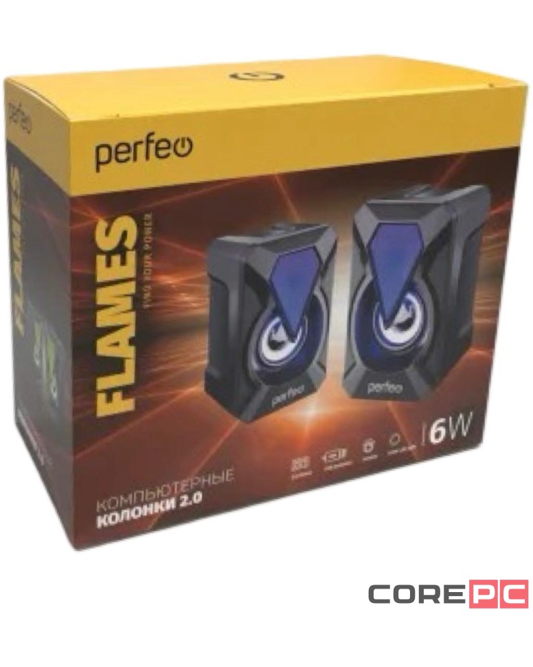 Акустическая система 2.0 Perfeo FLAMES мощность 2х3 Вт, USB, чёрн, Game Design, LED подсветка