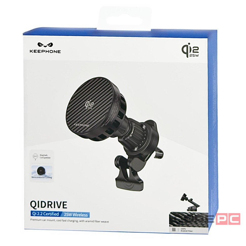 Держатель c беспроводной зарядкой на торпеду/воздуховод Keephone Qidrive (Qi2 25W) Carbon