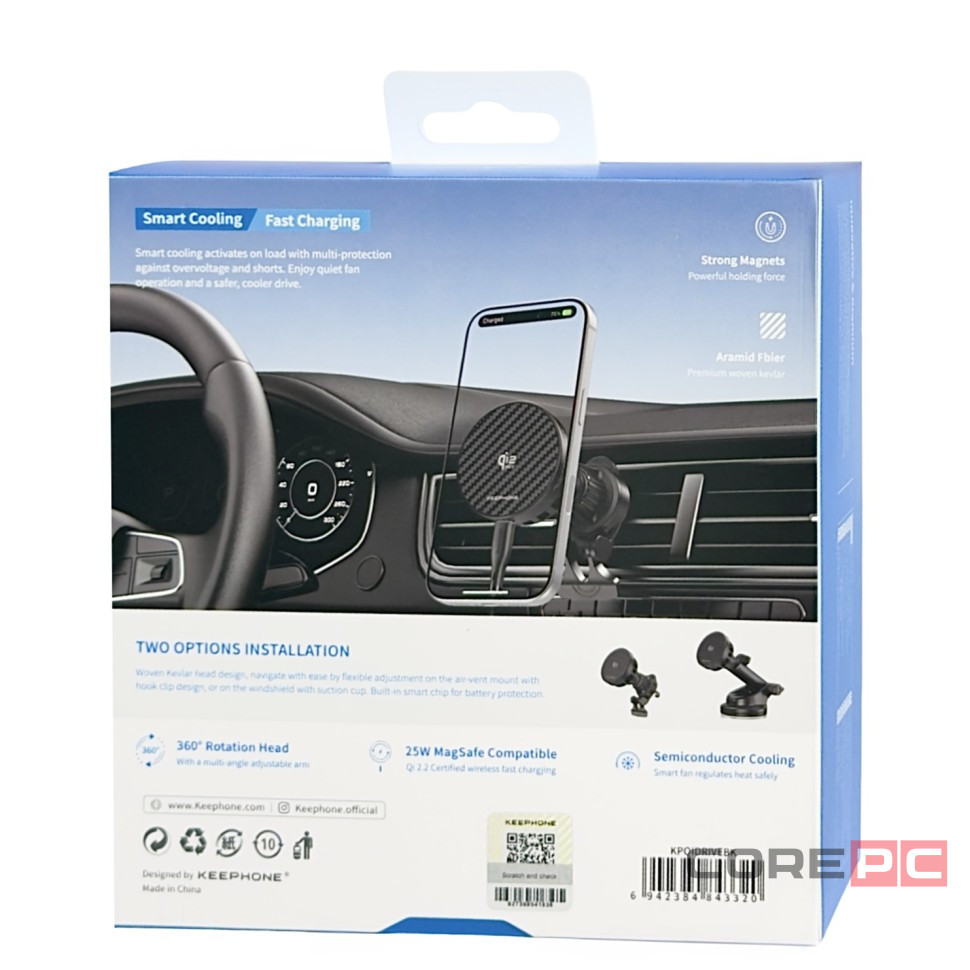Держатель c беспроводной зарядкой на торпеду/воздуховод Keephone Qidrive (Qi2 25W) Carbon