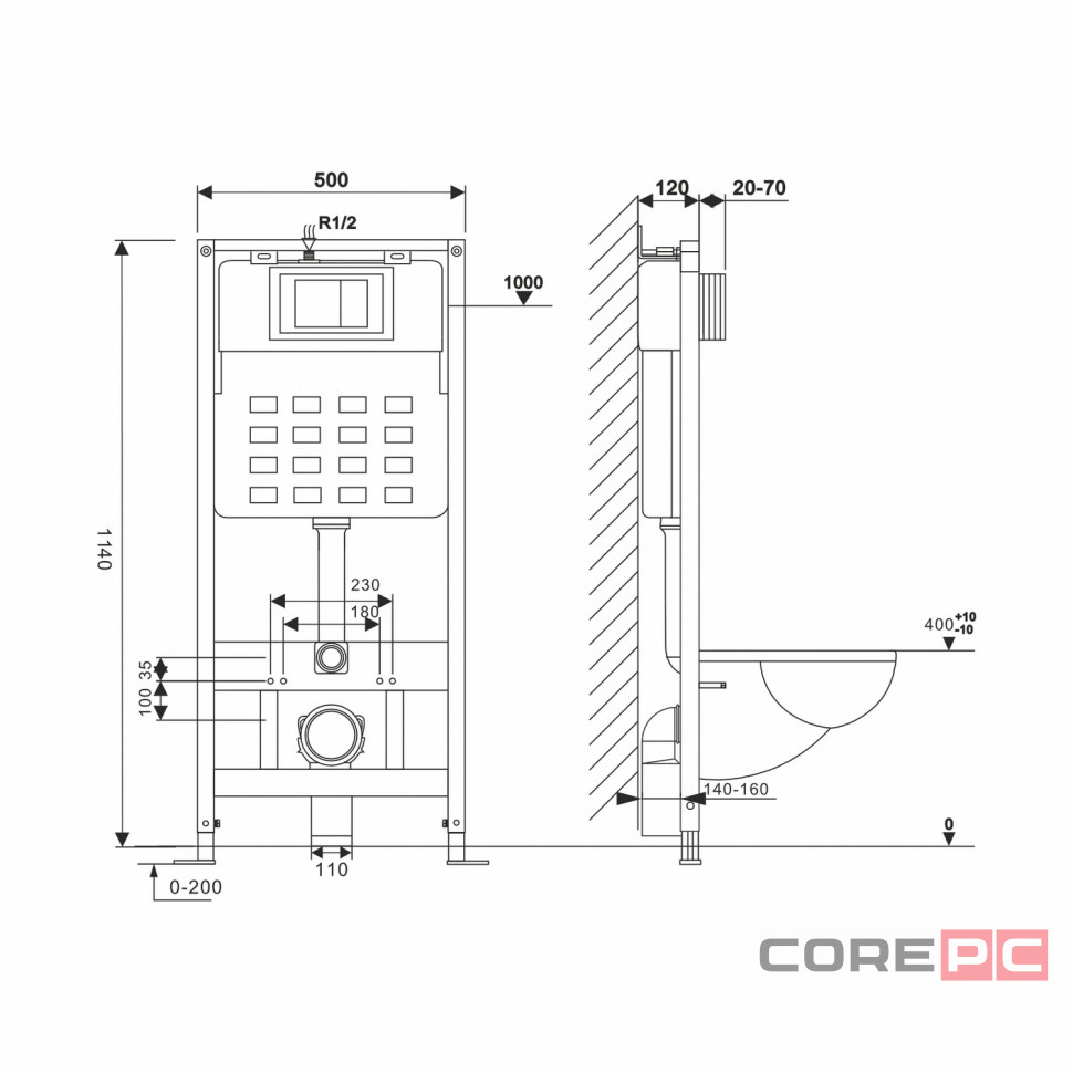 Система инсталляции WAVE В-500/002П/W-500/002 Pn без кнопки, ПНЕВМАТИКА 500 мм