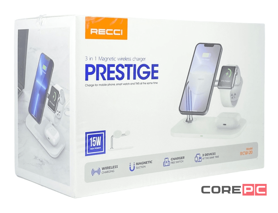 Беспроводное зарядное устройство Recci RCW-20 3в1 для Phone/Watch/Pods 5W/7.5W/10W/15W белое