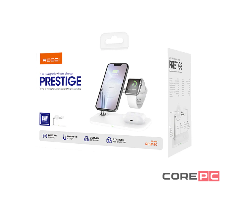Беспроводное зарядное устройство Recci RCW-20 3в1 для Phone/Watch/Pods 5W/7.5W/10W/15W белое
