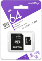 micro SDXC карта памяти Smartbuy 64GB cl10 U3 V30 для видеонаблюдения (с адаптером SD)