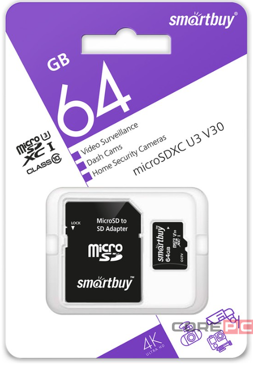 micro SDXC карта памяти Smartbuy 64GB cl10 U3 V30 для видеонаблюдения (с адаптером SD)