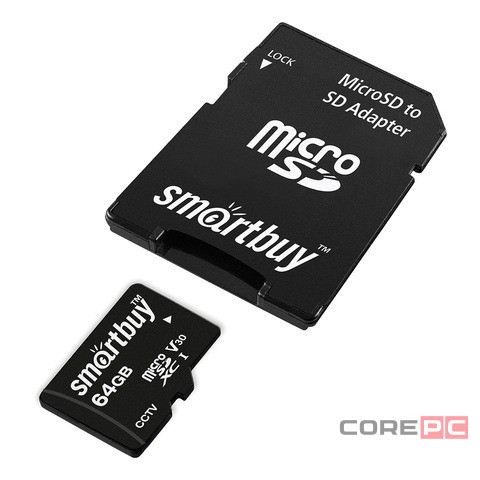 micro SDXC карта памяти Smartbuy 64GB cl10 U3 V30 для видеонаблюдения (с адаптером SD)