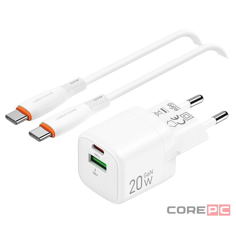 Сетевое зар. устр. Keephone Thomas KP-EB009 1USB+1C 20W Gan с кабелем Type-C на Type-C белое