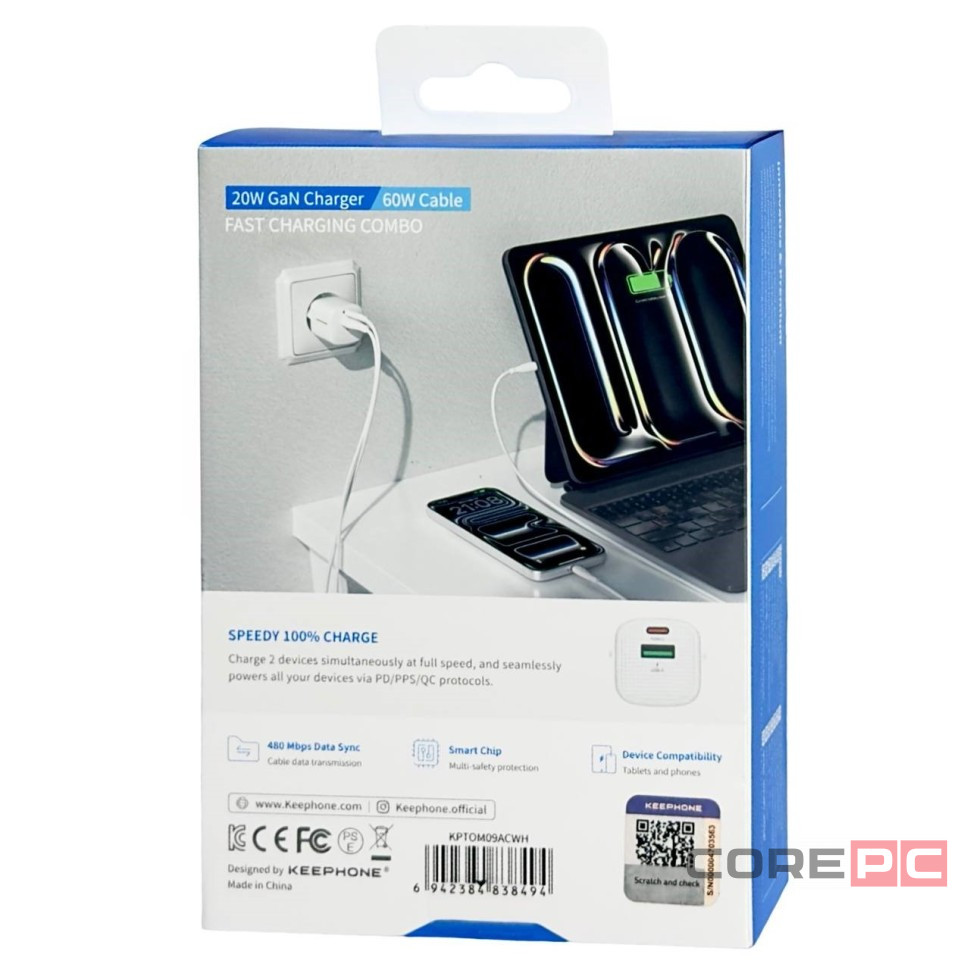 Сетевое зар. устр. Keephone Thomas KP-EB009 1USB+1C 20W Gan с кабелем Type-C на Type-C белое