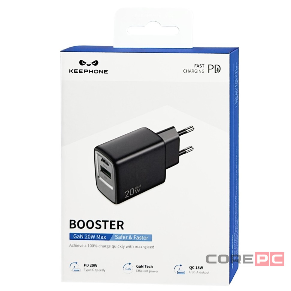 Сетевое зар. устр. Keephone Booster 1USB+1C Gan 20W черное