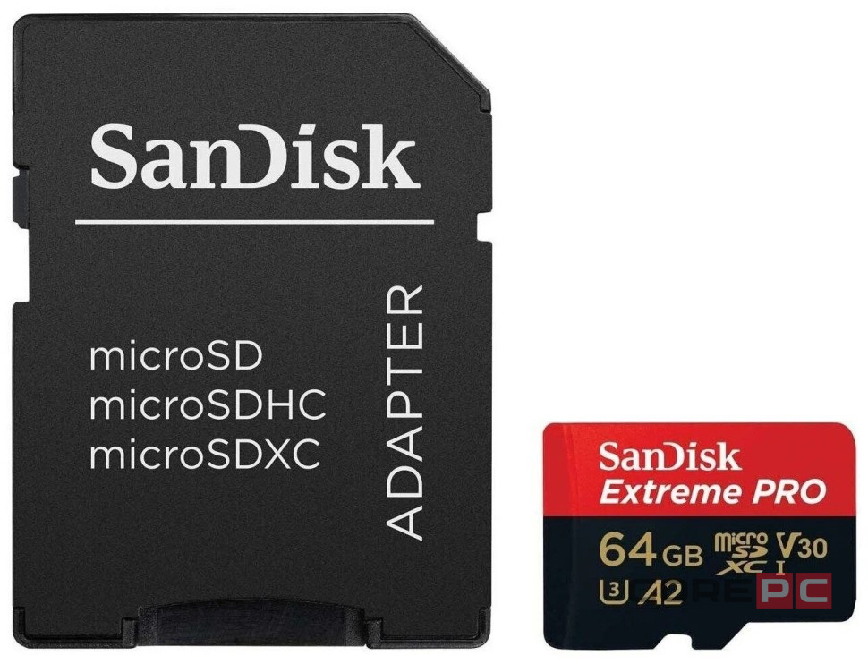 micro SDXC карта памяти SanDisk 64GB Class10 Extreme Pro A2 V30 UHS-I U3 (200 Mb/s) + SD адаптер