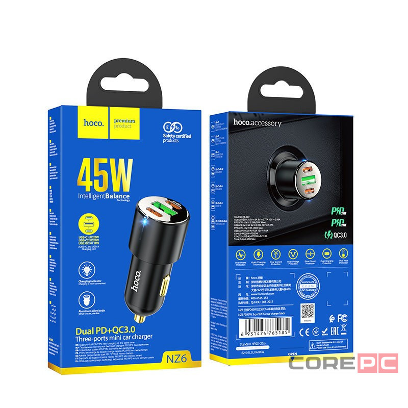Автомобильное заряд. устр. Hoco NZ6 1USB/2C 18W/25W черное