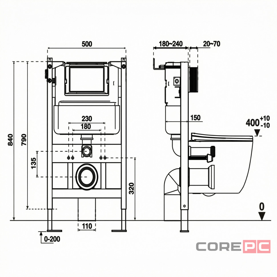 Система инсталляции WAVE В-500/005П/W-500/005Pn compact универс, под кн спереди/сверху, ПНЕВМ, 500мм