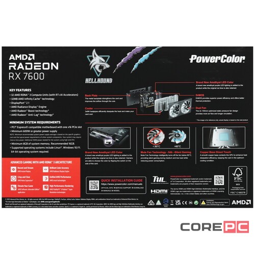 Видеокарта PowerColor (RX7600 8G-L/OC) Radeon RX 7600 8GB Hellhound OC