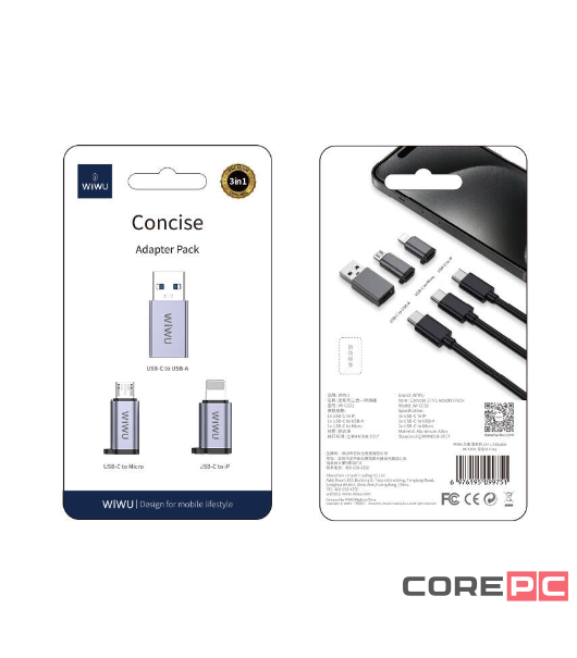 Адаптер WIWU Concise 3 в 1 Type-C на USB /Micro SD/Lightning (Wi-C031) (Grey)