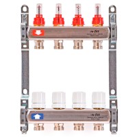 Группа коллекторная Uni-Fitt 1quot;х4 вых 3/4quot; с расходом. и термостат. вентилями без конц, нерж. сталь