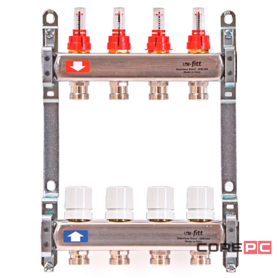 Группа коллекторная Uni-Fitt 1quot;х4 вых 3/4quot; с расходом. и термостат. вентилями без конц, нерж. сталь