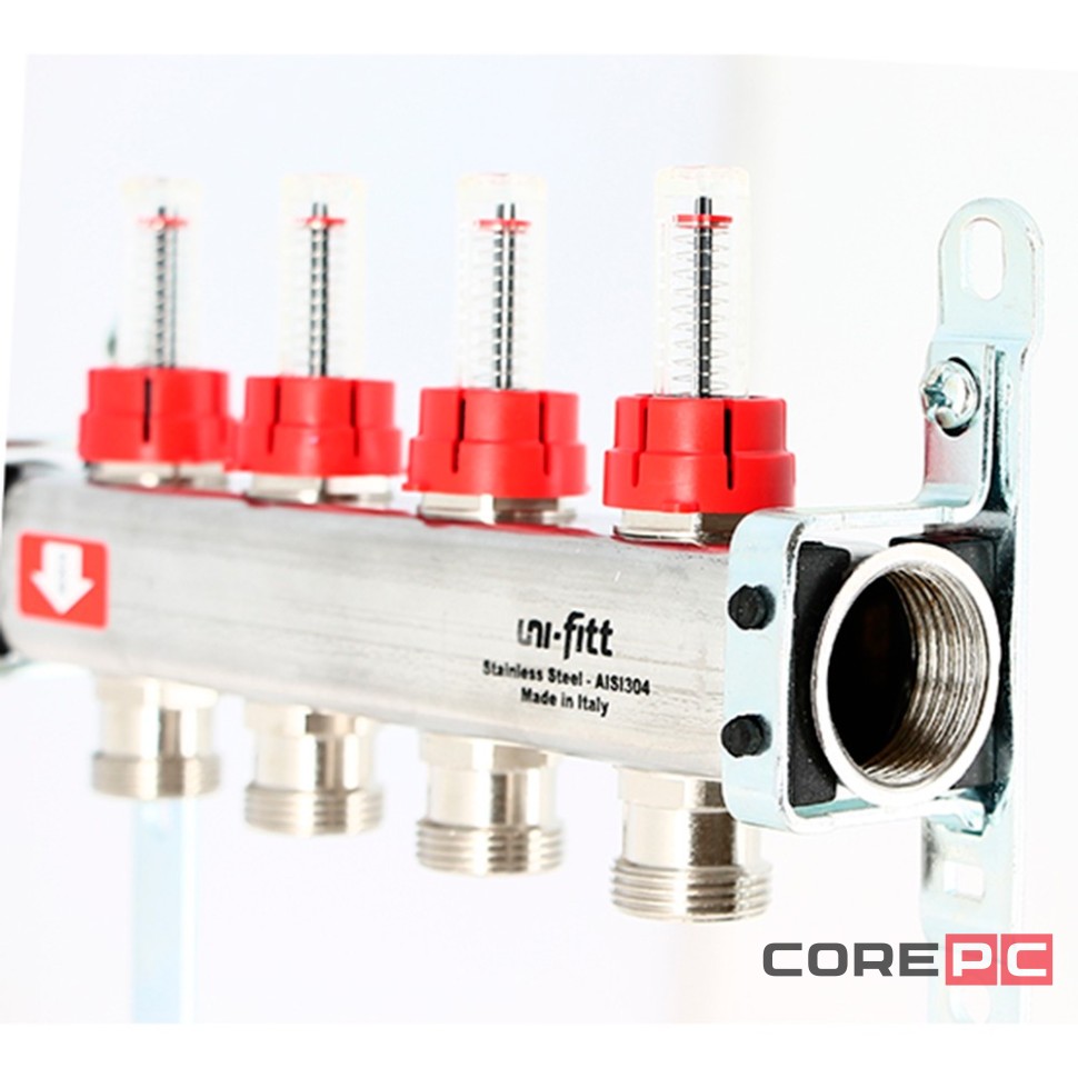 Группа коллекторная Uni-Fitt 1quot;х4 вых 3/4quot; с расходом. и термостат. вентилями без конц, нерж. сталь