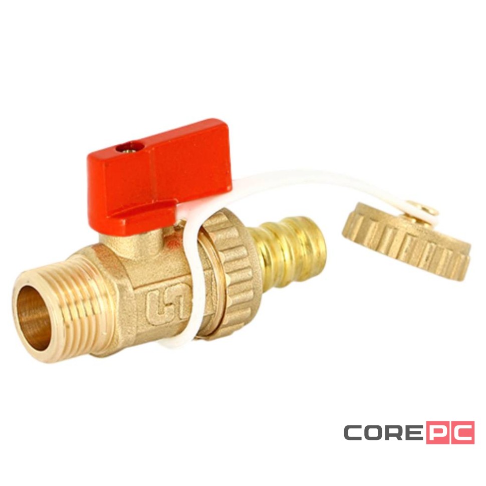 Кран Uni-Fitt шаровой НН 3/8quot;x3/4quot; сливной со штуцером и заглушкой, флажок красный металл