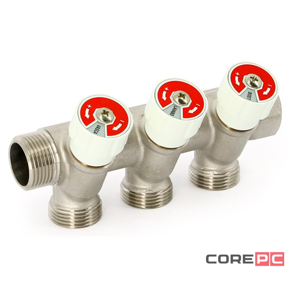 Коллектор Uni-Fitt НВ 3/4quot;х3 вых 1/2quot; 40 мм с вентилями, никелированный