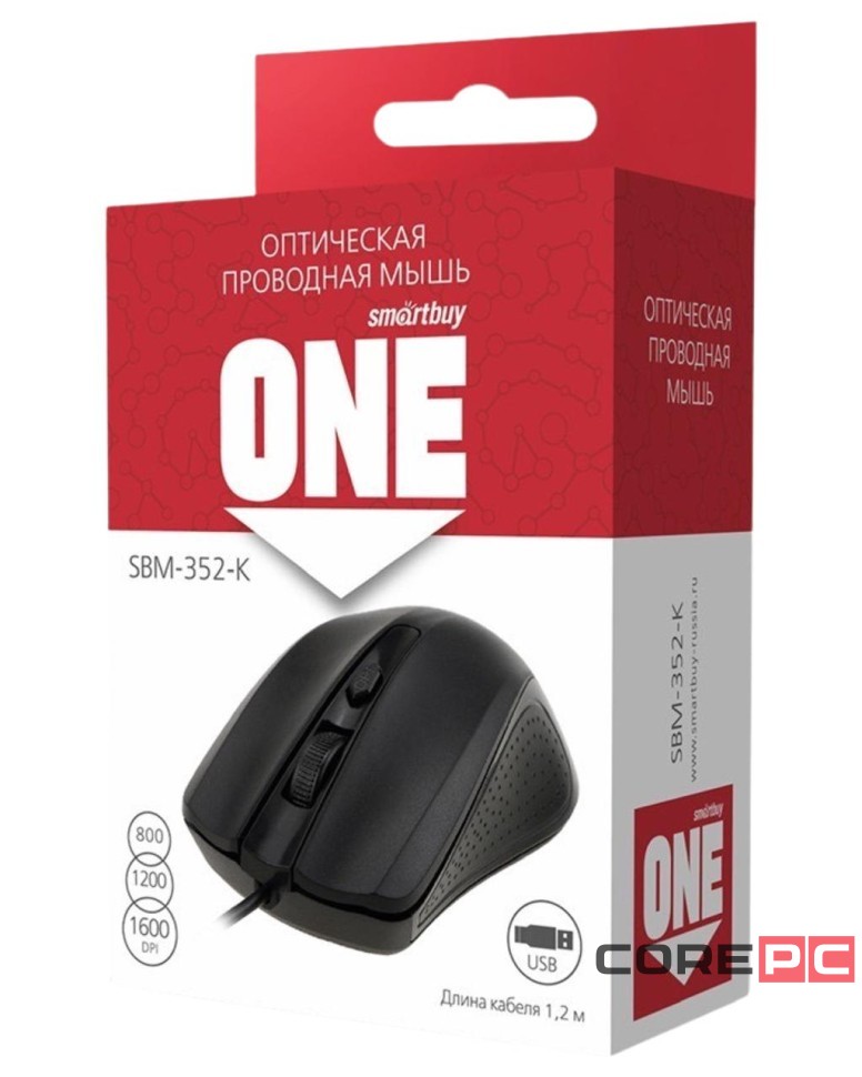 Мышь проводная Smartbuy ONE 352 USB/DPI 800-1200-1600/4 кнопки/1.24м (SBM-352-K) черная