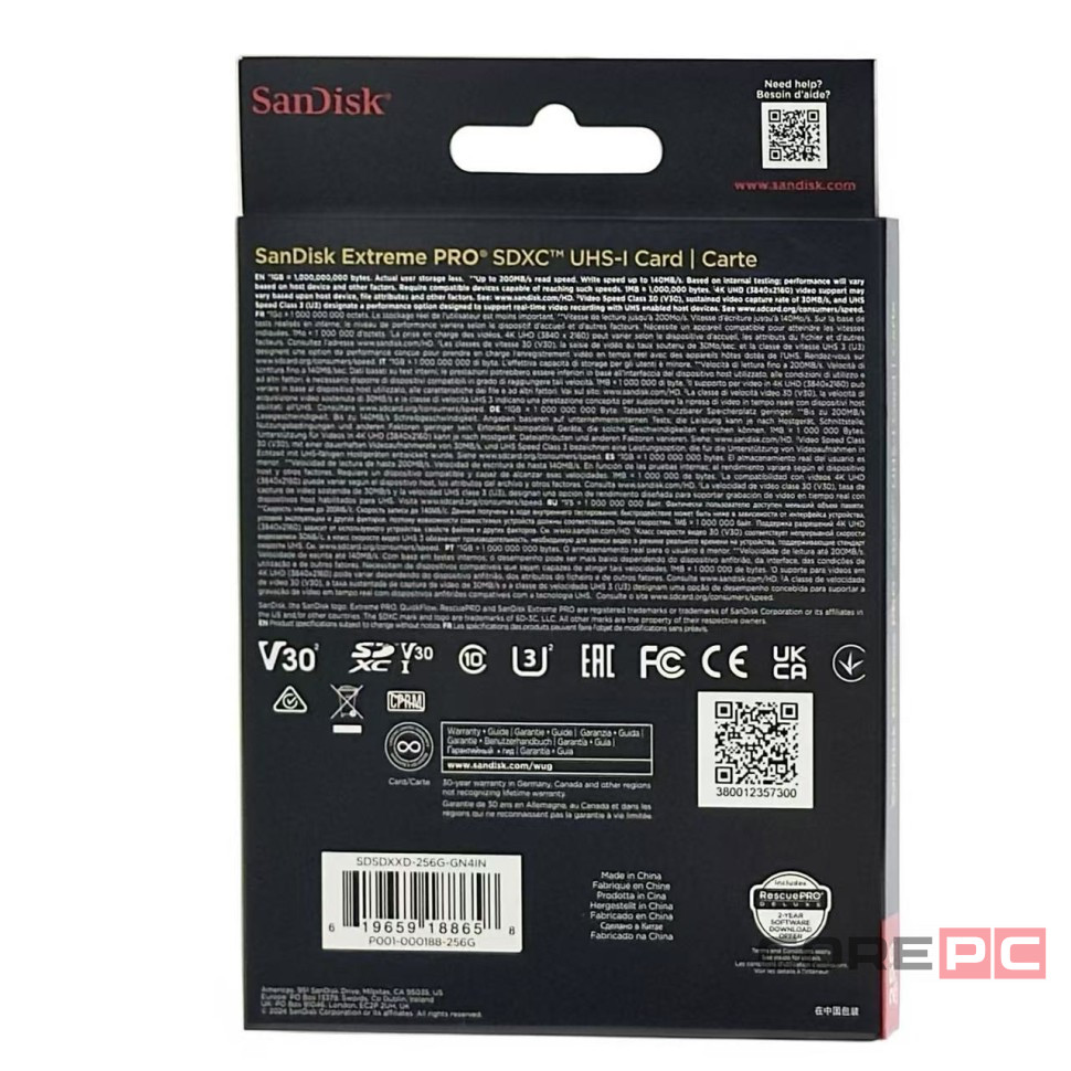 SDXC карта памяти Sandisk Extreme Pro 256GB 170MB/s V30 U3 (SDSDXXY-256G-GN4IN)