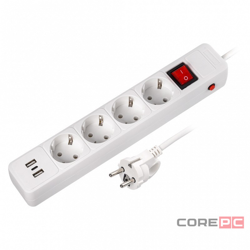 Сетевой фильтр c USB+Type C, 16А, 4 гнезда, c з/ш, с з/к, ПВС, 1.8 м, белый (SBSP-18C-W)