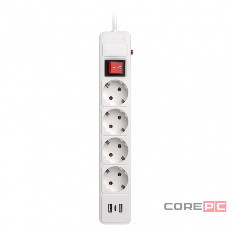 Сетевой фильтр c USB+Type C, 16А, 4 гнезда, c з/ш, с з/к, ПВС, 1.8 м, белый (SBSP-18C-W)