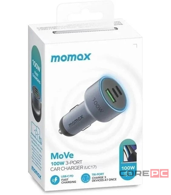Автомобильное заряд. устр. Momax Move 100W 1USB+2 Type-c серый