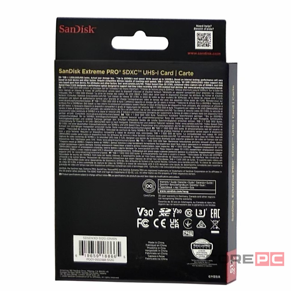SDXC карта памяти Sandisk Extreme Pro 512GB 200MB/s V30 U3 (SDSDXXD-512G-GN4IN)