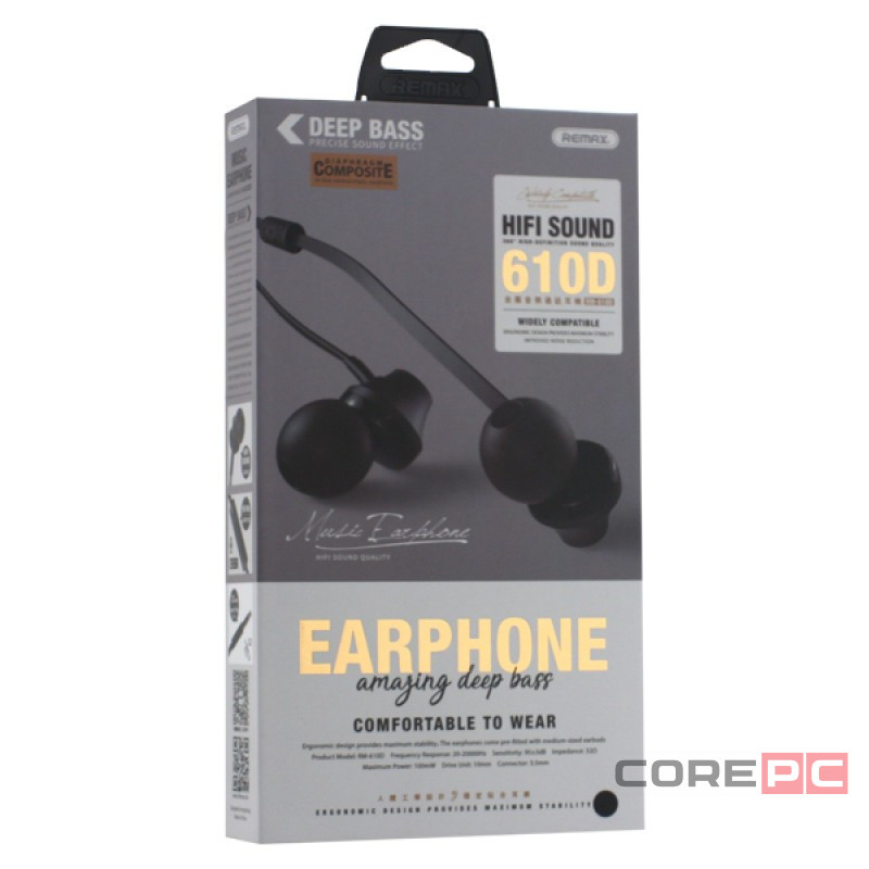 Стереонаушники с микрофоном Remax RM-610D 1.2м плоские черные