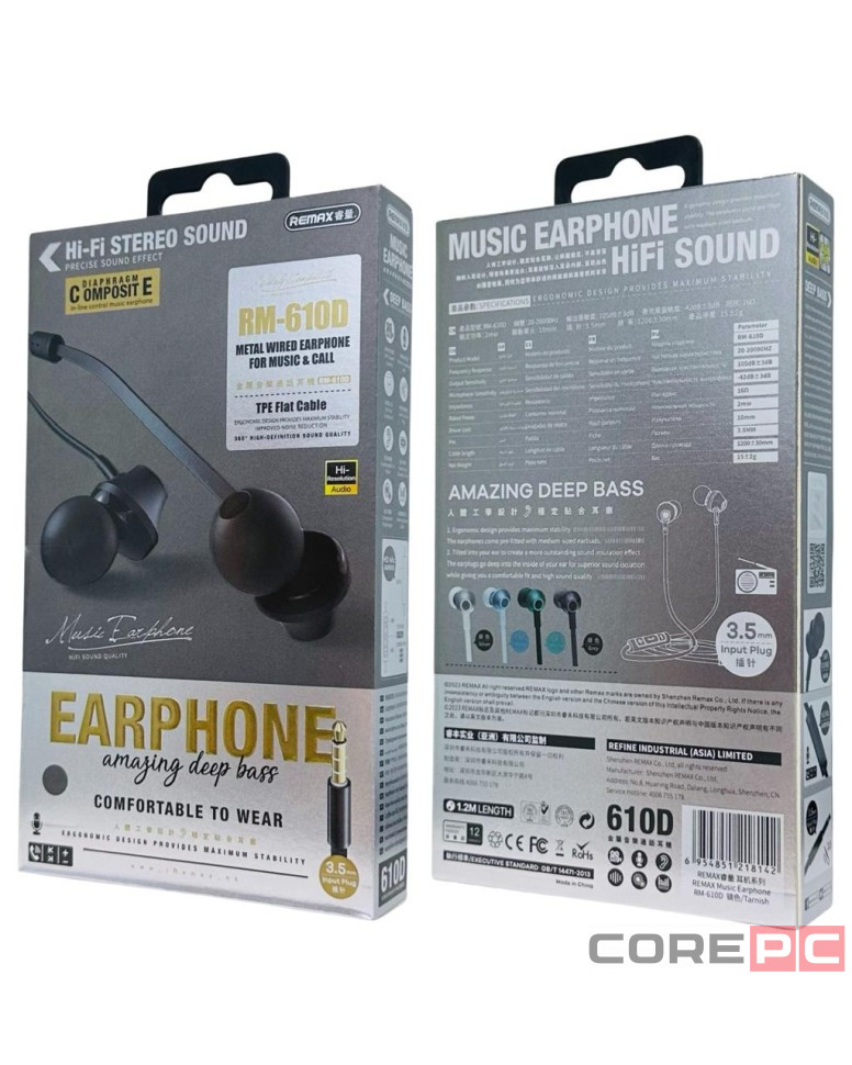 Стереонаушники с микрофоном Remax RM-610D 1.2м плоские черные
