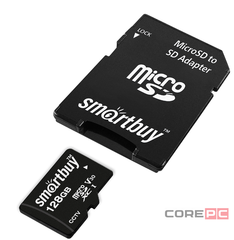 micro SDXC карта памяти Smartbuy 128GB Class10 U3 V30с адаптером SD) (SB128GBSDCCTV)