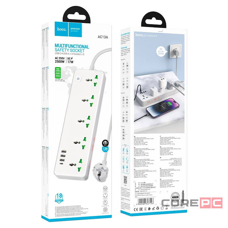 Сетевой фильтр Hoco AC13A 5розеток/3USB/1C 1,5м белый