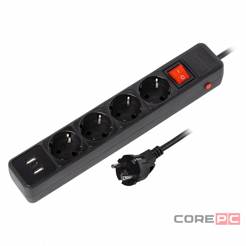 Сетевой фильтр c USB+Type C, 16А, 4 гнезда, c з/ш, с з/к, ПВС, 1.8 м, черный (SBSP-18C-K)