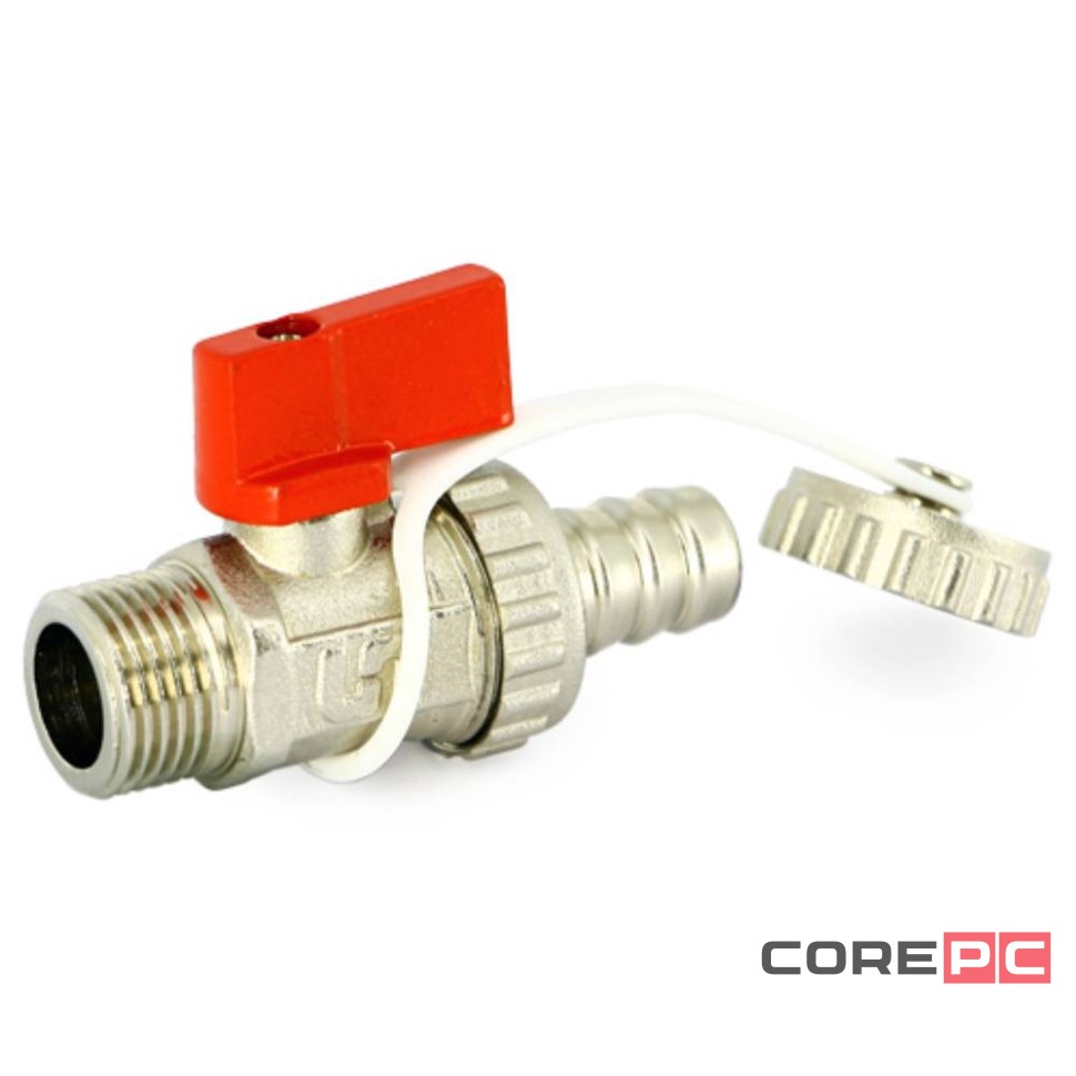 Кран Uni-Fitt шаровой НН 1/2quot;x3/4quot; сливной со штуцером, заглушка, флажок красный металл, никель