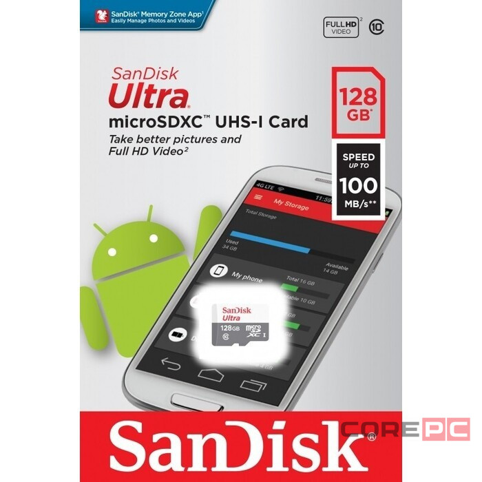 micro SDXC карта памяти SanDisk 128GB Class10 UHS-1 Ultra 100MB/s без ад. (SDSQUNR-128G-GN3MN)