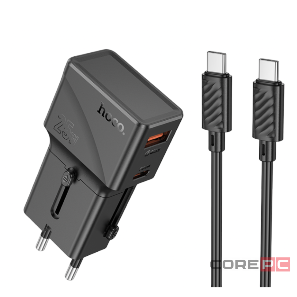 Универсальное зар. устр Hoco AC24 Type-C/USB-A EU/US/AUS/UK с кабелем Type-C на Type-C черное
