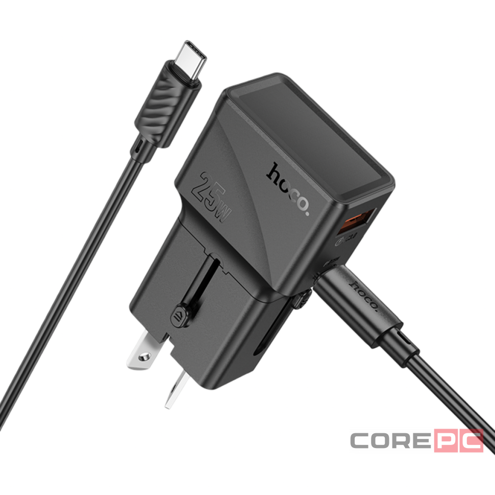 Универсальное зар. устр Hoco AC24 Type-C/USB-A EU/US/AUS/UK с кабелем Type-C на Type-C черное