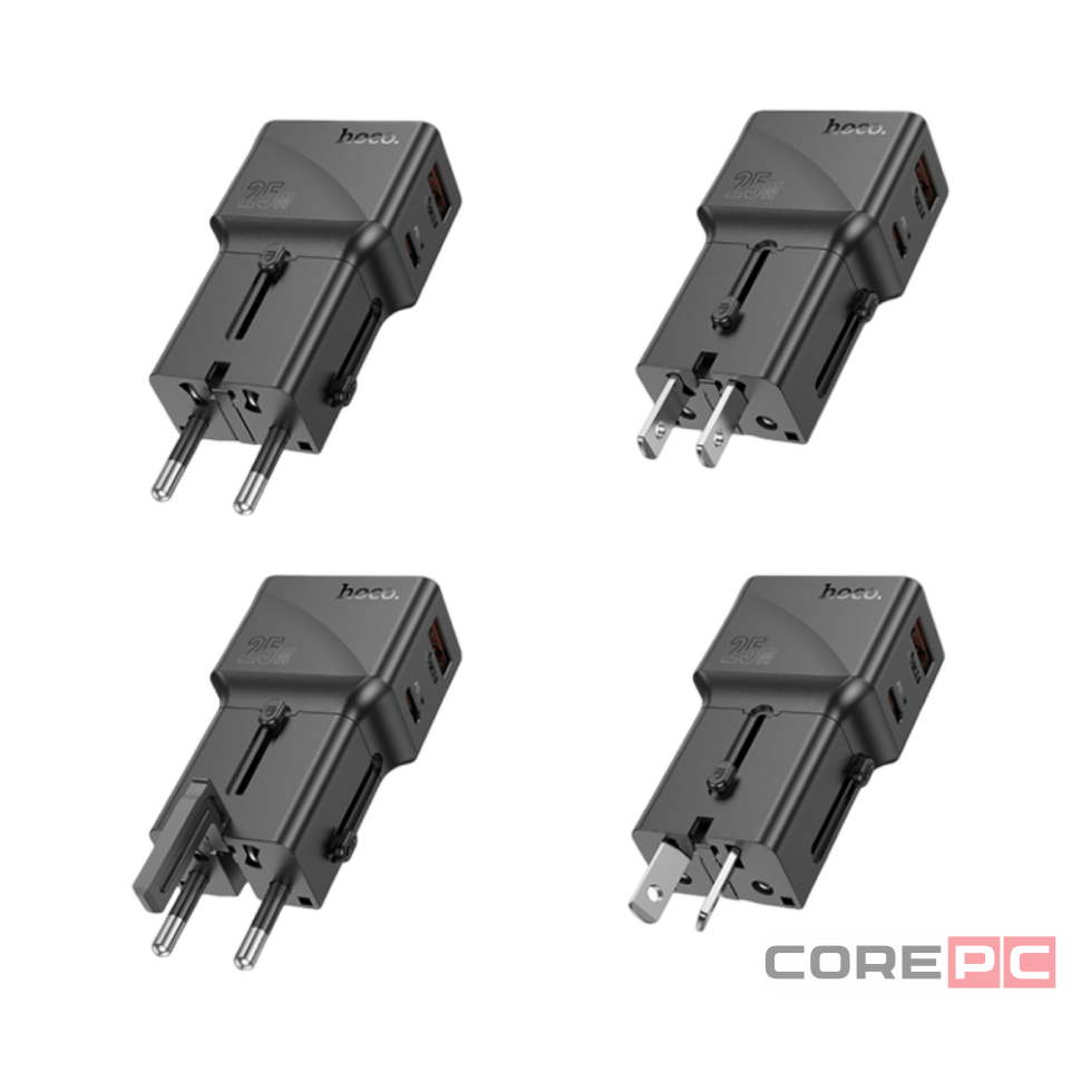 Универсальное зар. устр Hoco AC24 Type-C/USB-A EU/US/AUS/UK с кабелем Type-C на Type-C черное
