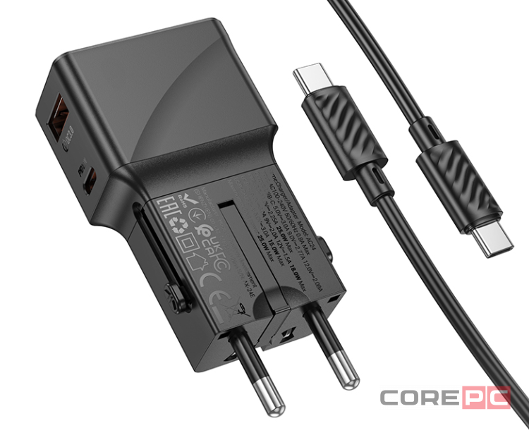 Универсальное зар. устр Hoco AC24 Type-C/USB-A EU/US/AUS/UK с кабелем Type-C на Type-C черное