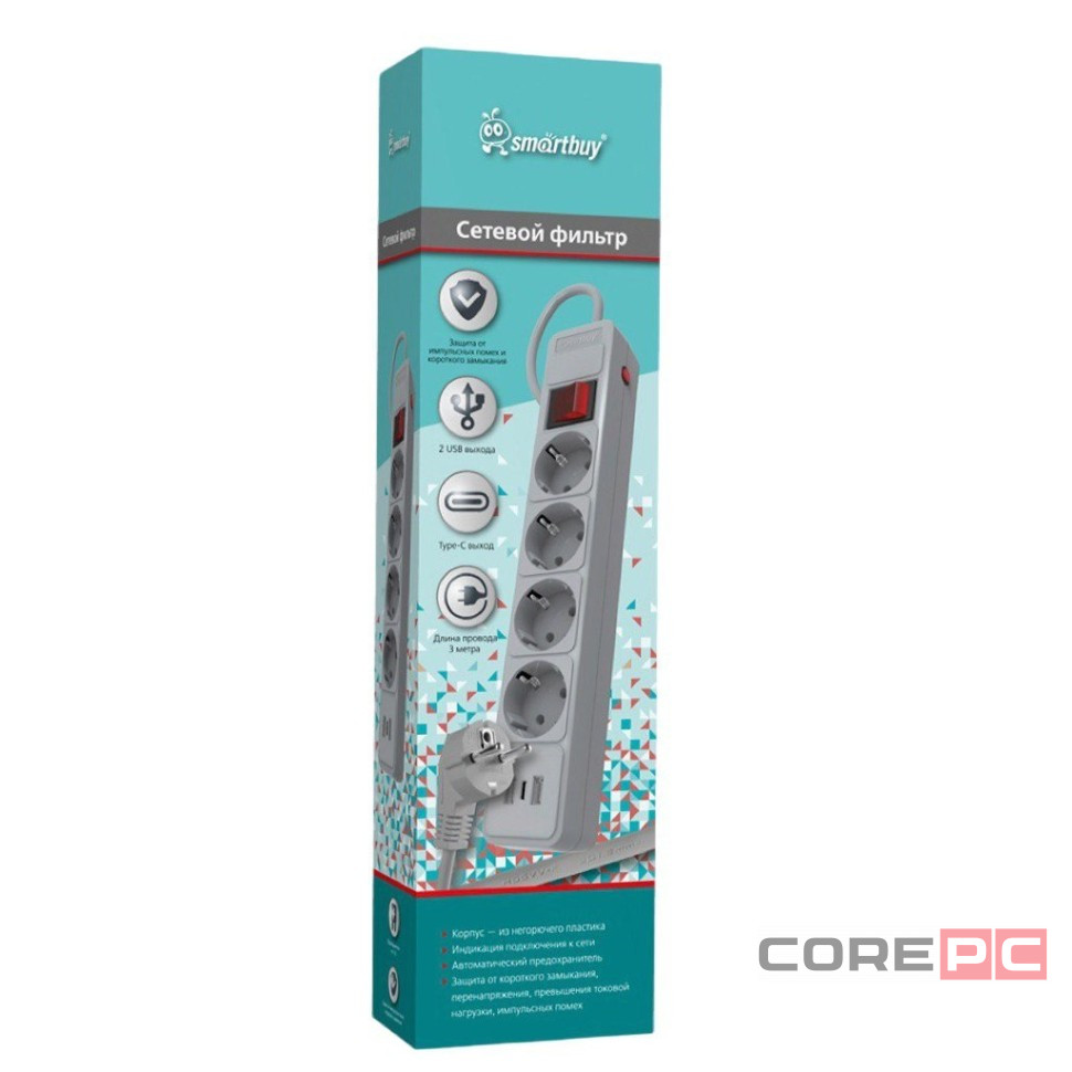 Сетевой фильтр c USB+Type C, 16А, 4 гнезда, c з/ш, с з/к, ПВС, 3 м, серый (SBSP-30C-G)