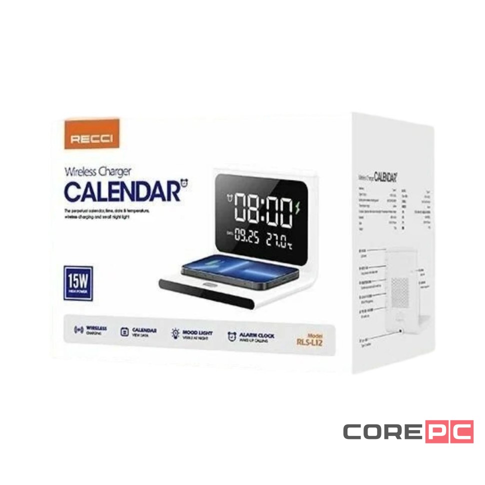 Беспроводное зарядное устройство + часы Recci RLS-L12 15W белое